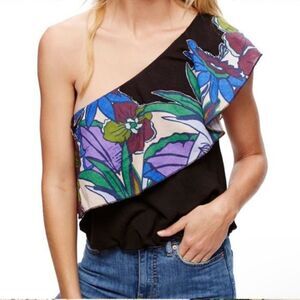 NWT Free People Annka Bubble Top Shirt Black Multicolor Floral One Shoulder M
